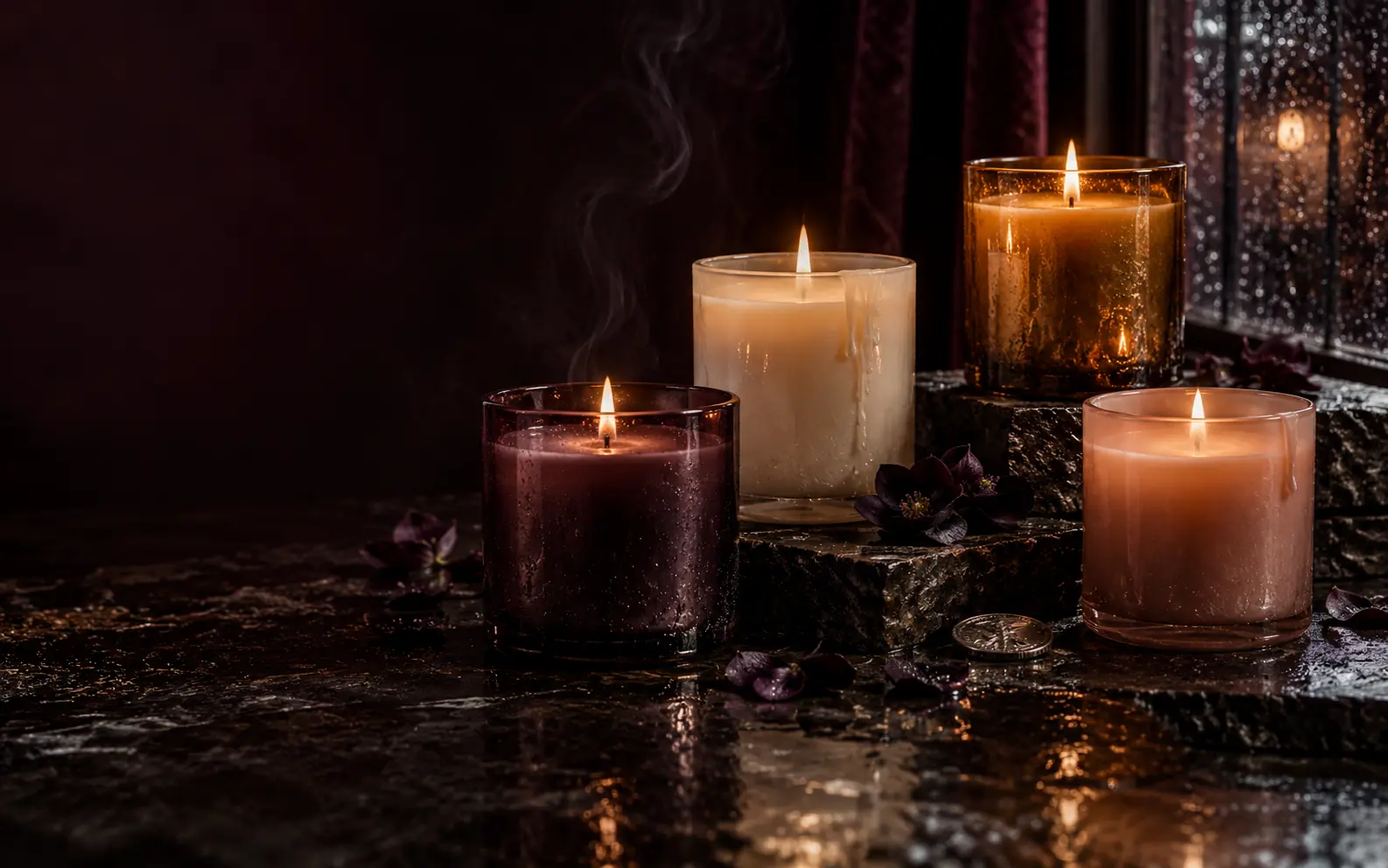 Чотири запалені авторські свічки у темній парфумерній композиції